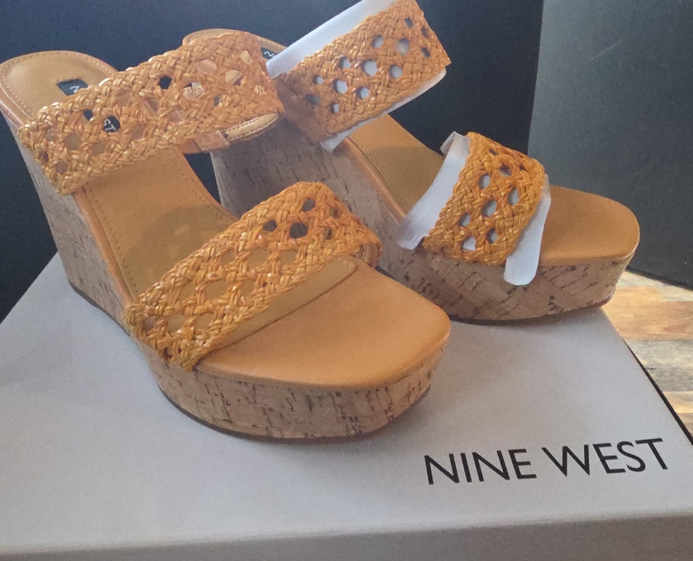 Nine West Mustard Woven Wedge Sandals
